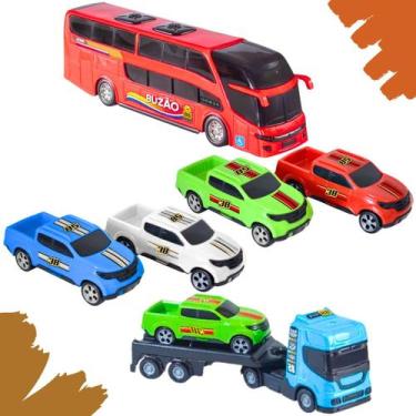 Imagem de Kit 1 Mini Reboque 4 Mini Caminhonete 1 Mini Buzão Criança Brinquedo C