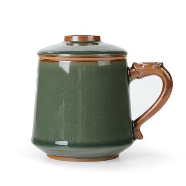 Imagem de fanquare Xícara de chá de porcelana feita à mão com tampa e infusor, caneca de café de cerâmica esmaltada verde, pode ser lavada na lava-louças, xícara de chá única chinesa para adultos e escritório