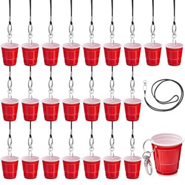Imagem de FoldTier Colares de vidro de shot com cordão de 59 g clipe de plástico mini copos de shot festa para casamento, Halloween, Natal, aniversário, festa, uísque, tequila, vodka, suprimentos (vermelho