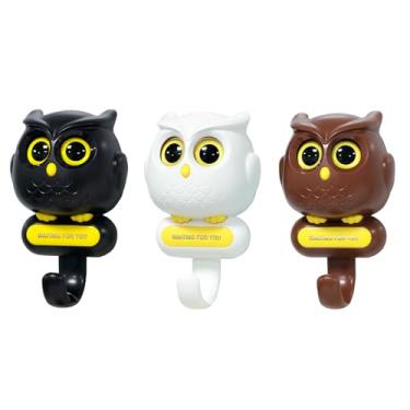 Imagem de TalkiiWith Ganchos adesivos criativos para chave, 3 peças de suporte de coruja piscadela, decoração de quarto Kawaii, montagem criativa na parede para pendurar toalhas, chapéus, casaco, sacos de pano,