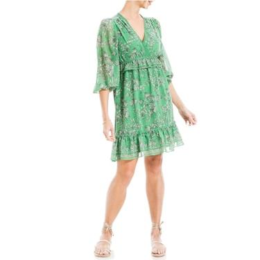 Imagem de Max Studio Vestido curto feminino primavera 2023 moda diária estampado georgette manga longa gola V chique, Verde rosa toile, GG