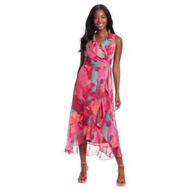 Imagem de London Times Vestido midi feminino sem mangas com detalhe de babados, Manga/Petúnia Rosa, 25 Plus Size