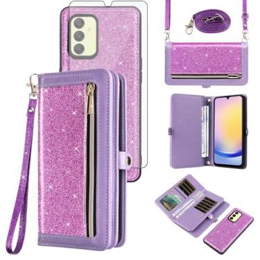 Imagem de Asuwish Capa de celular para Samsung Galaxy A25 5G/A24 4G/M34/F34 /F34 capa de celular carteira com zíper com protetor de tela de vidro temperado, alça transversal com glitter, suporte para cartão A