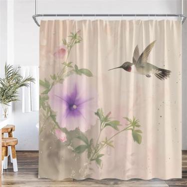 Imagem de Cortina de chuveiro de flores roxas, plantas verdes, decoração floral para banheiro, tecido de poliéster, cortina de banho com ganchos, 8650AF, 180 x 220 cm, 70 x 86 pol.