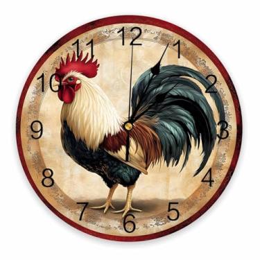 Imagem de Relógio de parede redondo Farmhouse Rooster 25 cm quarto, galo animal silencioso operado por bateria sem tique-taque vidro vermelho marrom relógios de parede com números grandes fácil de ler para