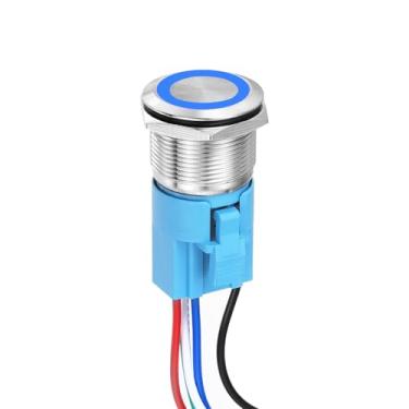 Imagem de DMiotech 1 peça interruptor de botão de travamento de aço inoxidável de 2,7 mm 5 pinos 1NO1NC 5A 12-24V prata botão plano anel azul lâmpada com plugue soquete com fio para sistemas de barcos de carro