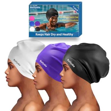 Imagem de Pacote com 3 toucas de natação extra grande para tranças e dreadlocks - Chapéu de natação de silicone impermeável para mulheres e homens com cabelo comprido e grosso, touca de natação protetora para