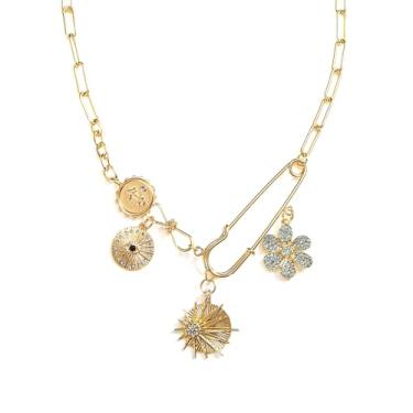 Imagem de Colar com pingente para mulheres, banhado a ouro, colar grosso, olho turco, sol, lua, flor, moeda, pingente de moeda, colar delicado feito à mão, joia feminina, Medium, Titânio, Sem Pedra Preciosa