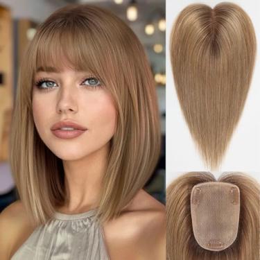 Imagem de HAIRCUBE Apliques De Cabelo Humano Para Mulheres, Cabelo Humano Real Com Franja, Base De 3,5 X 5,5 Polegadas, 12 Polegadas, Aplique De Cabelo Castanho Claro Ombré Para Mulheres, Cobre Raízes Grisal
