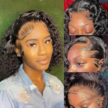 Imagem de Nakkia Peruca Bob 13X6, Cabelo Humano Com Ondas Profundas, Renda Frontal, 13X6, Densidade 180%, Peruca Bob Cacheada, Cabelo Humano Pré-Arrancado, Onda Profunda Para Mulheres Negras (Preto Natural, 8