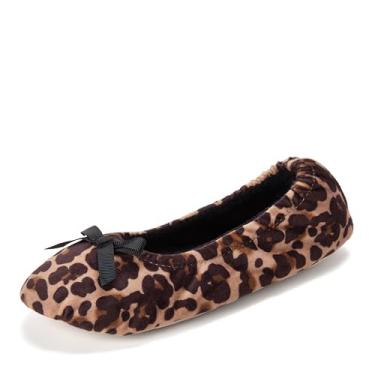 Imagem de Dearfoams Sapatilha feminina Layla bailarina com sola de camurça, Leopardo, Large