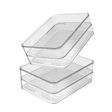 Imagem de " Kit 2 Organizadores Porta Frios Duplo Ou Com Divisória e Tela Interna Com Ranhuras Separador De Alimentos Organizador de Geladeira Transparente Tamanho 20X15X7,7 cm "