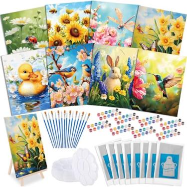 Imagem de Tenceur Kit de 72 peças de tela pré-desenhada 20,32 cm x 25,4 cm Kit de pintura e gole para adultos faça-você-mesmo pintura tela pré-impressa com design cavaletes aventais pincéis para presentes de