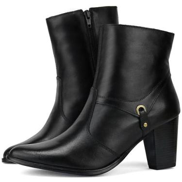 Imagem de Bota Cano Curto em Couro Bico Fino SapatoFran Salto Grosso com Zíper P