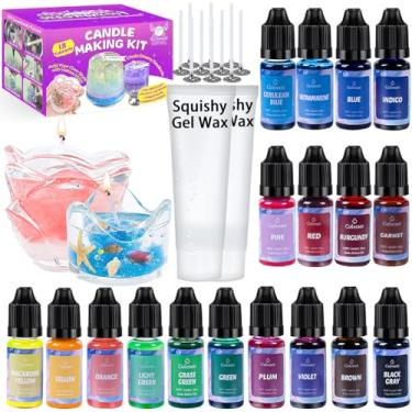 Imagem de FUNSHOWCASE Conjunto de cera de gel esponjoso para fazer velas e tintura líquida de alta concentração de 19 cores 10 pavios