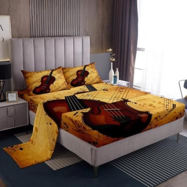 Imagem de Jogo de lençol casal de violino 3D, notas musicais, 4 peças, para decoração de quarto de crianças, meninas, meninos, adolescentes, instrumentos de violino, retrô, lençol com elástico para amantes
