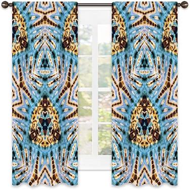Imagem de Cortinas blackout tie dye com bolso para varão, decoração tie dye, cortinas blackout com absorção de som para sala de jantar/decoração de festa, L 132 x C 213 cm azul dourado