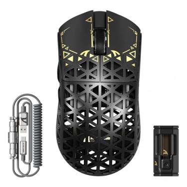 Imagem de ATTACK SHARK R5 Mouse para jogos sem fio ultra fibra de carbono, 39 g superleve vazado, sensor óptico PAW3950MAX Nordic 52840 MCU 8K Polling 42K DPI, mouse programável de modo triplo com cabo enrolado