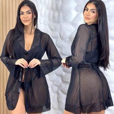 Imagem de Kit Conjunto Lingerie Robe Tule Renda Sensual Sem Bojo Transparente - 