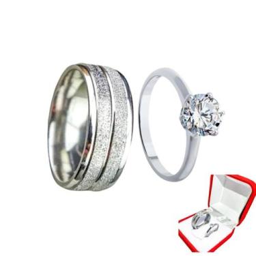 Imagem de Aliança Namoro 6mm Prata Risco Brilhos Compromisso + Solitario Anel 2m