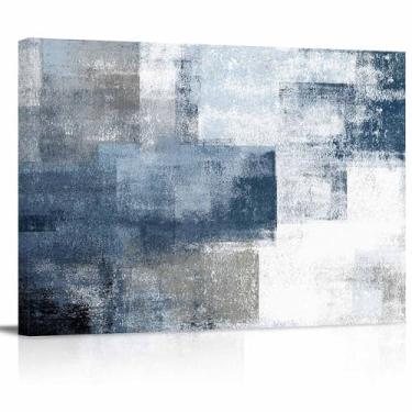 Imagem de Arte de parede em tela abstrata azul marinho cinza - Pinturas a óleo de grafite manchadas modernas - decoração de parede pinturas de arte modernas imagens para sala de estar esticadas e emolduradas