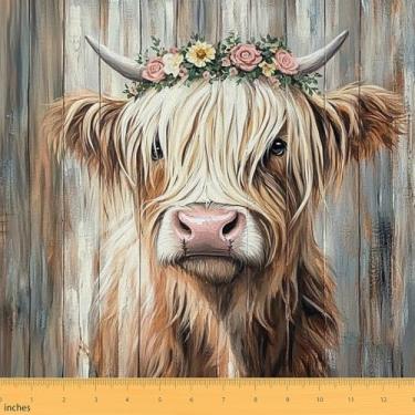 Imagem de Erosebridal Highland Cow impermeável decoração ao ar livre vida selvagem Safari tecido por jarda tábua de madeira rústica rosa natureza engraçado animal caubói marrom decoração de estofamento