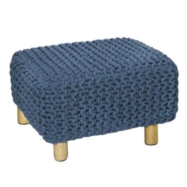 Imagem de COTTON CRAFT Apoio para os pés trançado – Banqueta Dori tricotada à mão com pernas de madeira resistente – Descanso de perna boho feito à mão – Pequenos espaços sob a mesa entrada da sala de estar