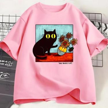 Imagem de Camiseta Gráfica De Gato Preto Flor Masculina Feminina Van Gogh Gola R