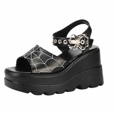 Imagem de Gothniero Sandálias femininas de plataforma pretas góticas grossas salto plataforma sandálias de verão góticas punk plataforma para mulheres fivelas metálicas de aranha deslizantes tamanho 5,5-11