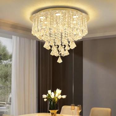 Imagem de Lustre dourado, iluminação de lustre de cristal, 6 luzes, luz de teto de montagem embutida, lustre moderno de 38 cm x L 50 cm para quarto, corredor, bar, cozinha, banheiro