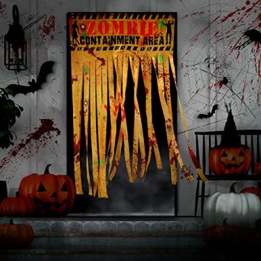 Imagem de Cortina de porta de Halloween com tema zumbi cortina de porta de Halloween pano assustador ensanguentado impressões de mão cortina de área de contenção para suprimentos de festa de Halloween assustador decoração de casa assombrada