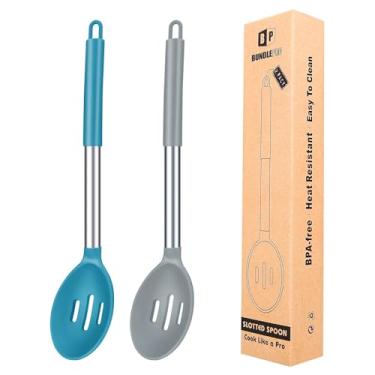 Imagem de Pacote com 2 colheres grandes de silicone para cozinhar, colher de tempero sólida antiaderente, utensílios de cozinha resistentes ao calor para misturar, mexer, servir (colher de fenda, cinza-azul)