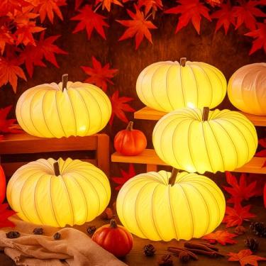 Imagem de Retisee Pacote com 6 Luzes de Abóbora DIY 15 cm Colheita de Outono Luzes de Abóbora Decorativas Jack O Lanternas para Casa Outono Casamento Ação de Graças Mesa Centro de Mesa Decoração de Halloween