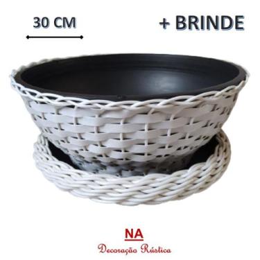 Imagem de 3 vaso de flor fibra sintética redondo baixo + prato branco 30 cm - NA