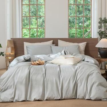 Imagem de MooMee Conjunto de capa de edredom listrado 100% algodão lavado como linho texturizado respirável durável macio confortável (riscas verdes mescladas, tamanho queen grande 250 x 248 cm)