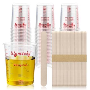Imagem de Copos de mistura de plástico de 473 ml, pacote com 50 copos medidores descartáveis de 500 ml com 50 bastões de mistura de madeira, podem ser usados para resina epóxi, medição de líquidos, tinta