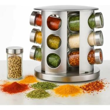 Imagem de Porta Temperos Giratório Inox com 12 Potes de Vidro – Organizador de Condimentos de Bancada com Tampa Rosqueável e Design Moderno