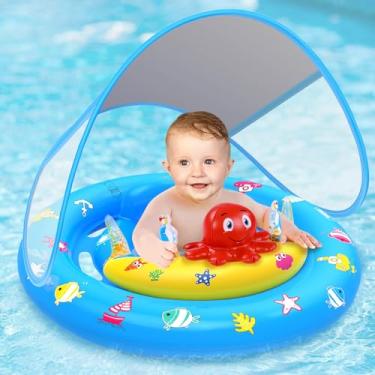 Imagem de Boia de piscina para bebês com dossel, boia de natação inflável para bebês com proteção solar FPS 50+, boia de piscina infantil com console de brinquedo, assento de segurança ajustável para crianças