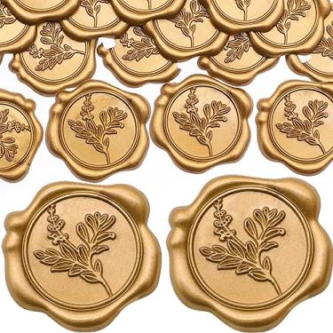 Imagem de SWANGSA 100 adesivos de selo de cera de folha de eucalipto, adesivos de selo de envelope autoadesivos dourados antigos para convite de casamento, cartões de felicitações, embrulho de presente