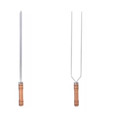Imagem de Conjuntos De Garfos Para Churrasco Com Duas Pontas E Uma Ponta, Espeto Churrasco 40cm,50cm,60cm,Com Cabos De Madeira (50Cm)