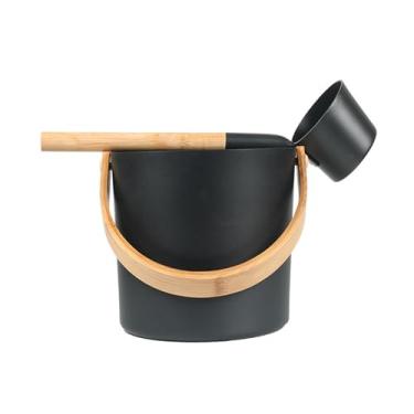 Imagem de LIFTATAPA Balde de sauna e conjunto de concha, balde de sauna de alumínio 7L com colher longa de cabo de madeira, kit de acessórios de sauna de luxo para banheiros, saunas e banhos a vapor (preto)