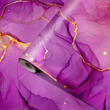 Imagem de HOMETITUTE Papel de parede de mármore rosa roxo dourado descasque e cole arte fluida abstrata papel de parede de vinil autoadesivo design moderno para paredes, bancadas, armários, móveis, decoração de