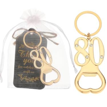 Imagem de 24 peças 80º chaveiro de ouro abridor de garrafas, lembrancinhas de festa de aniversário para convidados, 80º abridor de garrafas de cerveja a granel para lembranças de aniversário de aniversário