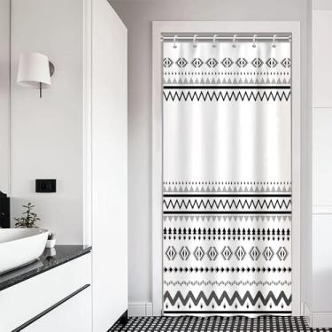 Imagem de Leyiyi Cortina de chuveiro boêmia preta branca boho chique triângulo geométrico listrado, conjunto de cortinas de banheiro com ganchos moderno minimalista cortina de banho para casa tecido impermeável