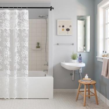 Imagem de FINECITY Cortina de chuveiro branca pequena de renda, 1 painel, L 91 x C 198 cm, cortina de renda transparente com estampa floral rústica com saia anexada para banheiro, box de chuveiro, decoração