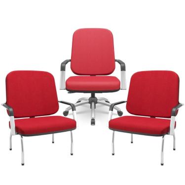 Imagem de Kit Cadeira de Escritório Giratória e 2 Cadeiras Fixas Cromada Magno P03 Crepe Vermelho - Lyam Decor