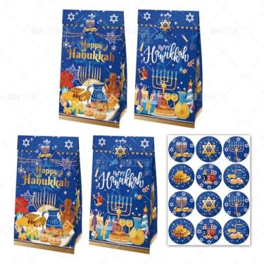 Imagem de Happy Hanukkah Sacolas de lembrancinhas de festa Menorah Dreidel Star of David Sacos de presente de festa de aniversário com adesivos, presente de doces de papel kraft, sacos de presente de doces