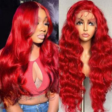 Imagem de Peruca frontal de renda JINNOO Red Human Hair Body Wave 20" 200% de de