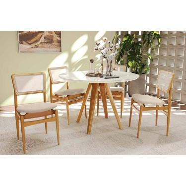 Imagem de Conjunto Sala de Jantar Duna Premium Madeira Maciça c/ Tampo Madeirado c/ Vidro 120x120cm e 4 Cadeiras Stela Carvalho/Off White - Linho Bege Argila-Ka