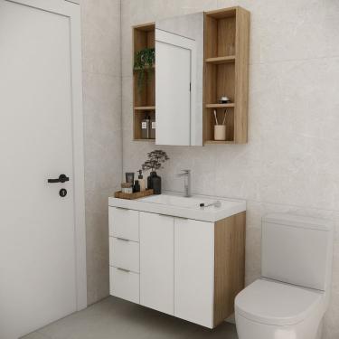 Imagem de Conjunto de Banheiro com Cuba 80cm Gaveta Esquerda Vittare Carvalho/Branco